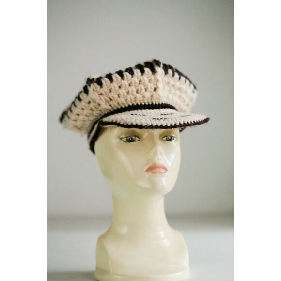 Vintage 70s Handmade Crochet Cream Brown Beret with Hard Shell Visor - Picture 3 of 8